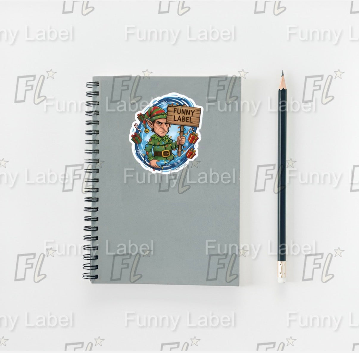 Notebook with a sticker and a pencil on a white background with 'Funny Label' branding.