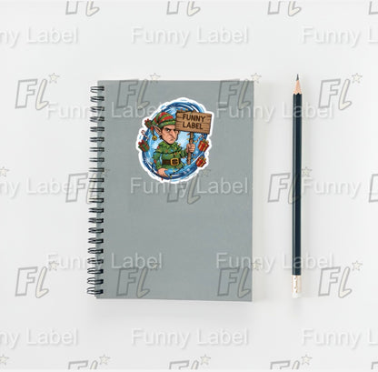 Notebook with a sticker and a pencil on a white background with 'Funny Label' branding.