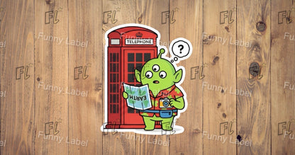 Cartoon character with a question mark next to a red telephone box on a wooden background with 'Funny Label' branding.
