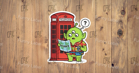 Cartoon character with a question mark next to a red telephone box on a wooden background with 'Funny Label' branding.