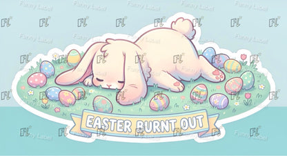 Cartoon bunny lying on Easter eggs with 'Easter Burnt Out' text on a light blue background