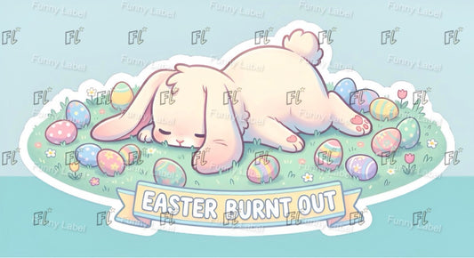 Cartoon bunny lying on Easter eggs with 'Easter Burnt Out' text on a light blue background