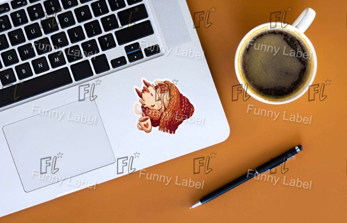 Cozy Sleeping Dragon Sticker – Fantasy Creature with Blanket & Tea