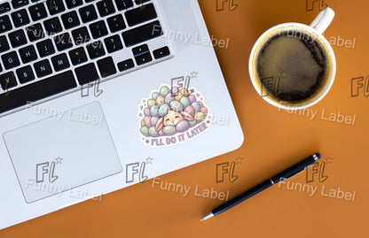Laptop with a sticker on a desk next to a cup of coffee and pen, with 'Funny Label' branding.