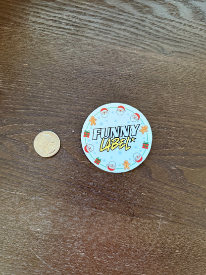 Funny Label Christmas Circle Sticker – Festive Holiday Label with Santa, Gifts & Gingerbread