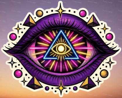 A flat, isolated holographic vinyl sticker based on image.png featuring a large, detailed purple eye enclosing a glowing neon blue triangle pyramid with an all-seeing third eye inside, surrounded by radiating pink beams, stars, and geometric shapes.