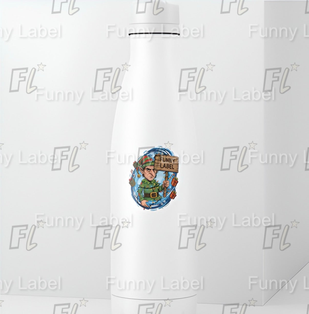 White bottle with a label featuring a cartoon character and text on a white background with 'FL' branding.