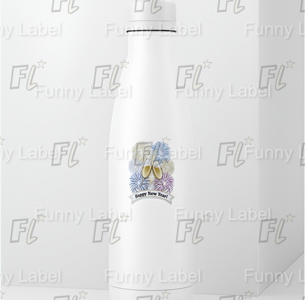 Happy New Year Champagne Sticker – Festive Label with Fireworks for Gifts & Decor