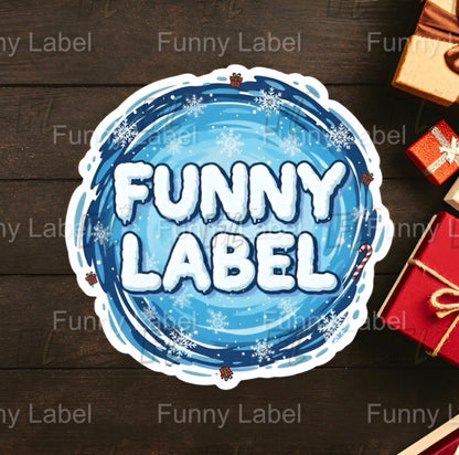 Round blue sticker with 'Funny Label' text on a wooden background with gift boxes.