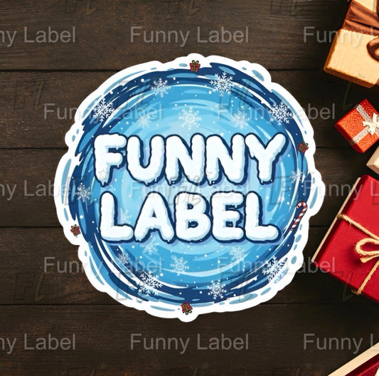 Round blue sticker with 'Funny Label' text on a wooden background with gift boxes.