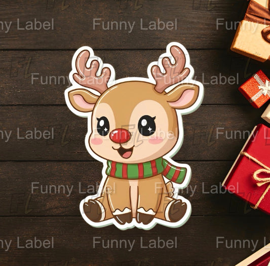 Cartoon reindeer sticker with a red nose and green scarf on a wooden background with gift boxes.