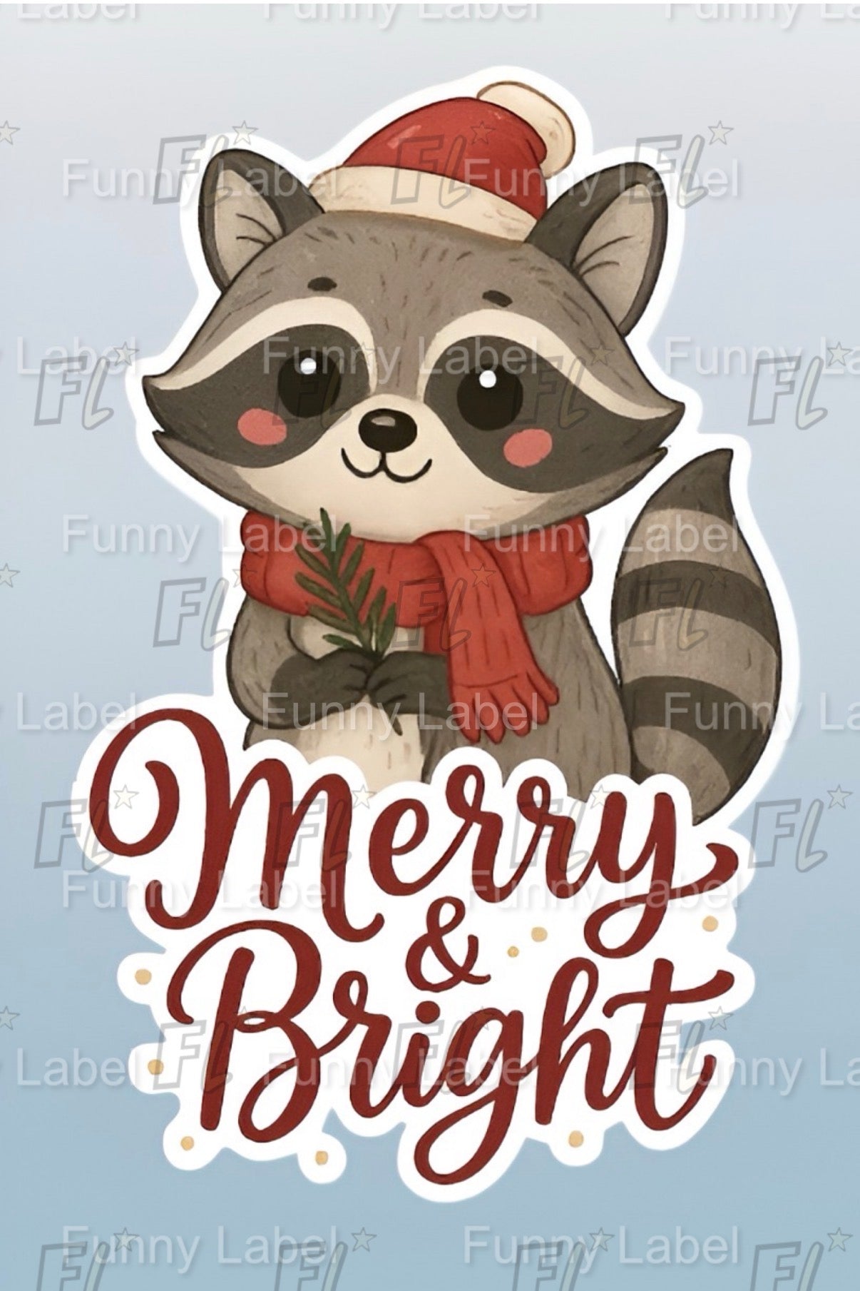 Sticker of a raccoon wearing a Santa hat and scarf with 'Merry & Bright' text on a light blue background.