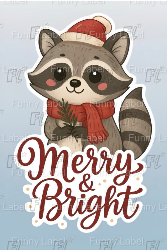 Sticker of a raccoon wearing a Santa hat and scarf with 'Merry & Bright' text on a light blue background.