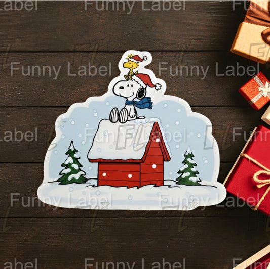 Snoopy & Woodstock Dog House Roof Sticker | Peanuts Christmas Snow Scene Decal | Classic Holiday Vinyl