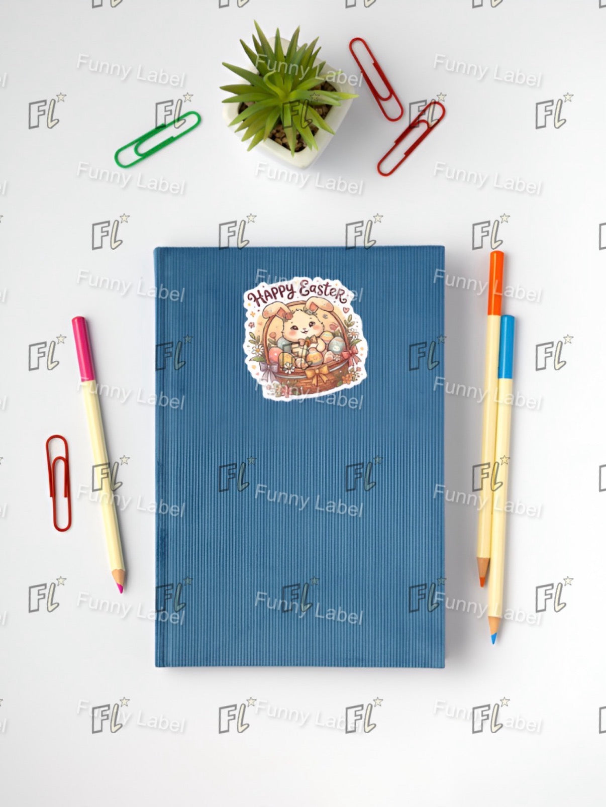 Blue notebook with a 'Happy Easter' sticker on a white background with stationery items.