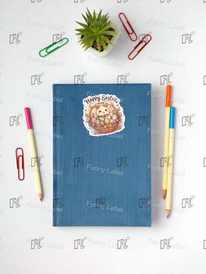 Blue notebook with a 'Happy Easter' sticker on a white background with stationery items.