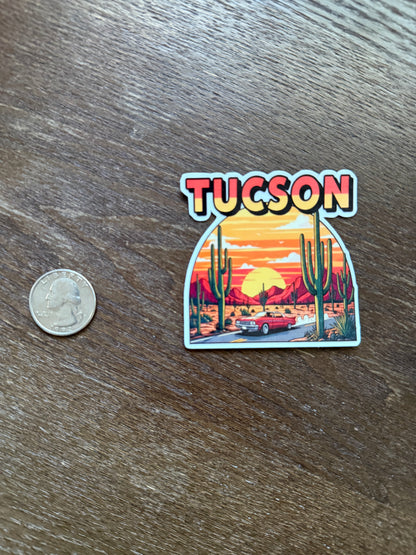 Tucson Arizona Sunset Sticker – Retro Desert Scene with Cactus & Classic Car