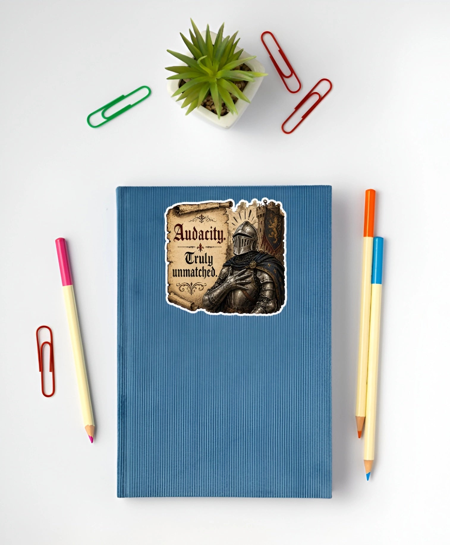 Audacity Truly Unmatched medieval knight sticker displayed on a blue notebook