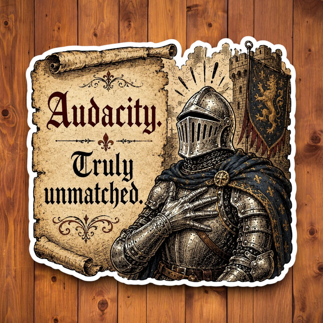 A die-cut sticker featuring a medieval knight in silver armor with a dark blue cape, set against a parchment scroll and castle background. The text reads 'Audacity Truly unmatched.