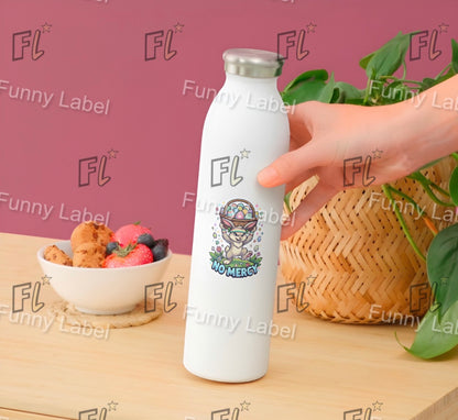 White water bottle with cartoon character and 'No Mercy' text on a wooden table with a bowl of fruit and plant.