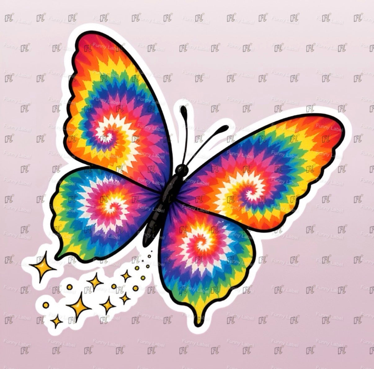 Colorful tie-dye butterfly design on a light purple background