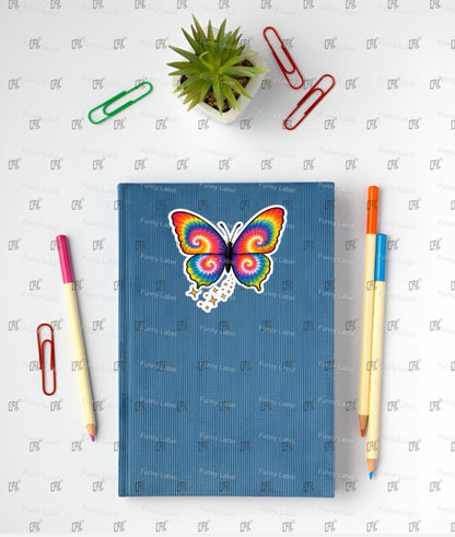 Blue notebook with a colorful butterfly design on a white background with stationery items.