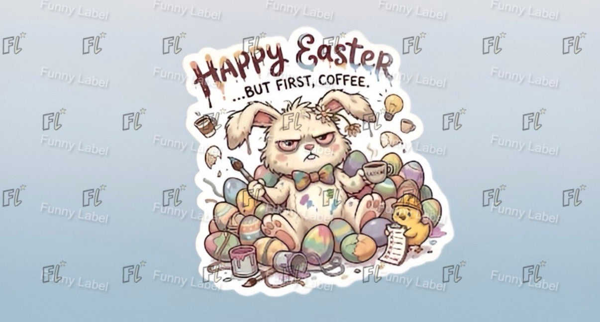 Cartoon cat with bunny ears surrounded by coffee cups and Easter eggs with 'Happy Easter.