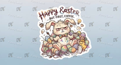Cartoon cat with bunny ears surrounded by coffee cups and Easter eggs with 'Happy Easter.