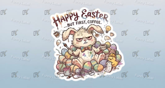 Cartoon cat with bunny ears surrounded by coffee cups and Easter eggs with 'Happy Easter.