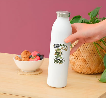 Faithful Delulu Christian frog sticker displayed on a white reusable water bottle