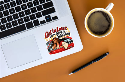Funny Bible study Jesus sticker displayed on a silver laptop beside a cup of coffee