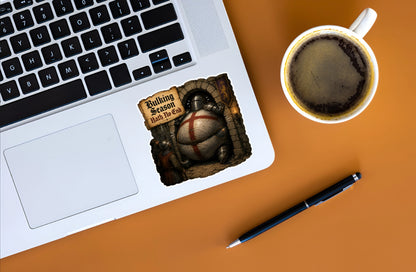 Funny Bulking Season Hath No End medieval knight gym meme sticker displayed on a silver laptop