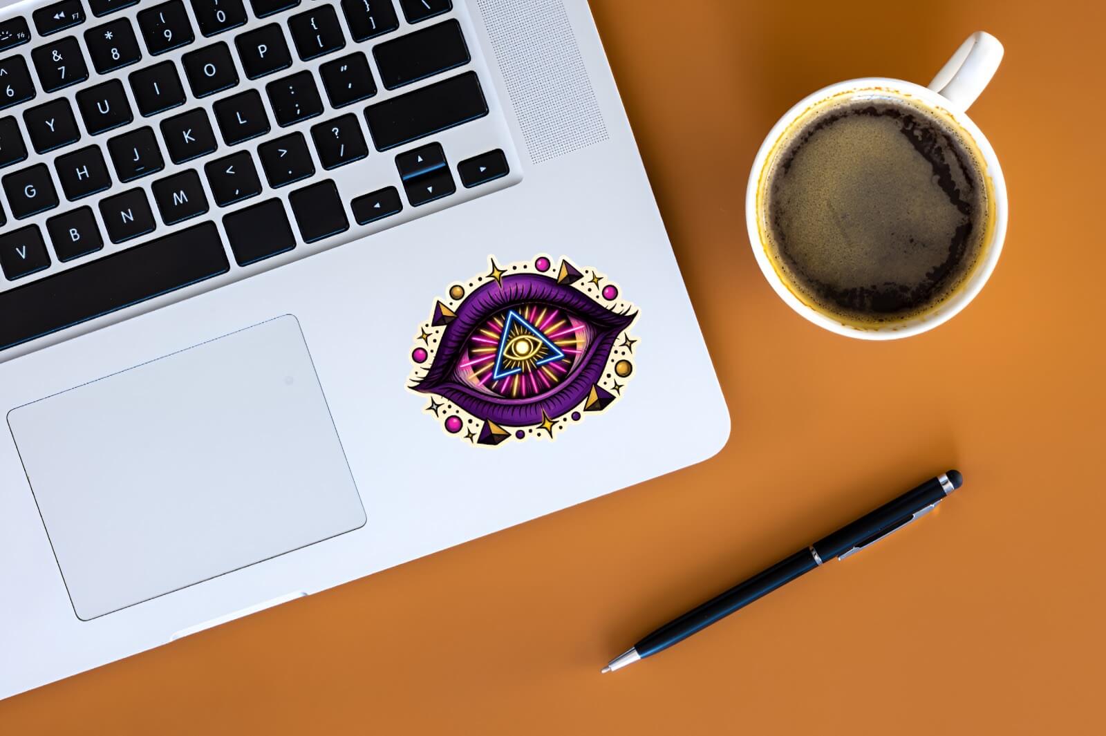Laptop with a colorful eye sticker on an orange surface, next to a cup of coffee and pen.