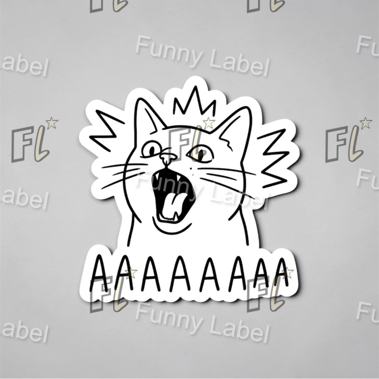 Sticker of a cat with an angry expression and 'AAAAAAAA' text on a gray background with 'Funny Label' branding.