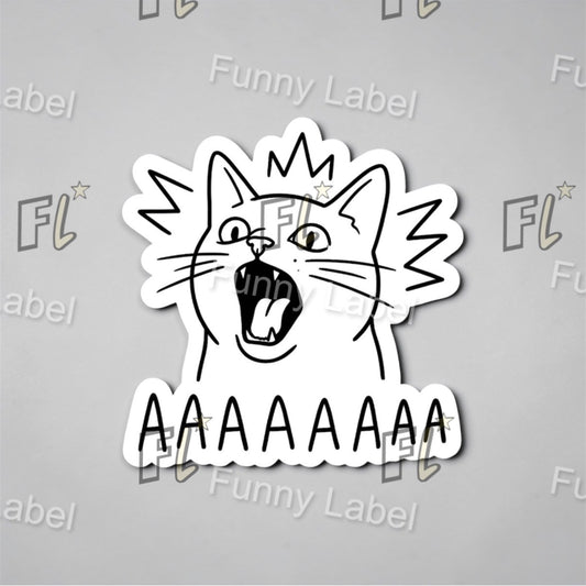 Sticker of a cat with an angry expression and 'AAAAAAAA' text on a gray background with 'Funny Label' branding.