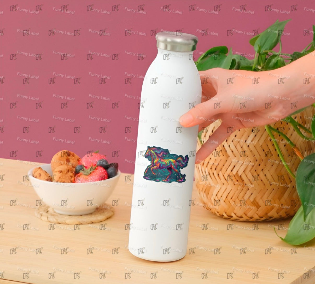 White water bottle with a colorful design held by a hand on a wooden surface with a bowl of fruit and a woven basket.
