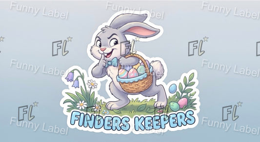 Cartoon rabbit with an Easter basket labeled 'Finders Keepers' on a light blue background.