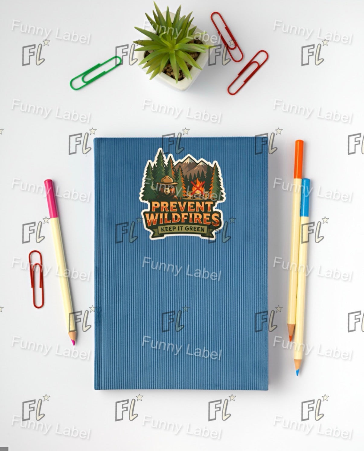 Blue notebook with a 'Prevent Wildfires Keep It Green' sticker, surrounded by stationery items on a white background.