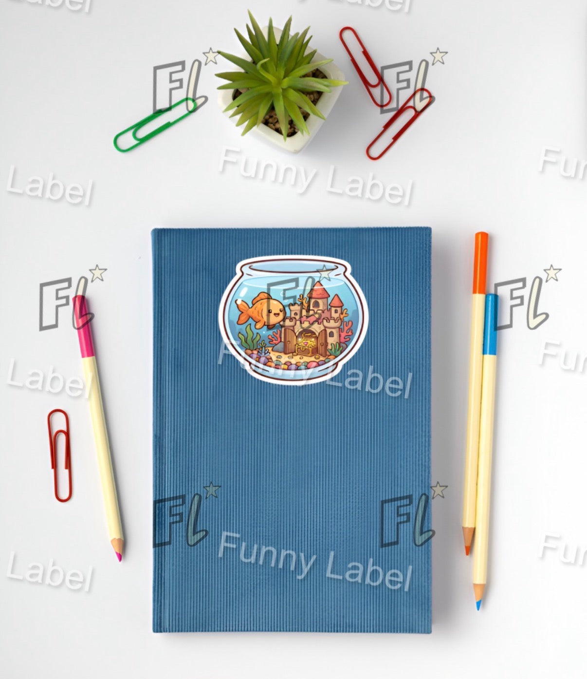 Blue notebook with a sticker of a fishbowl with a castle inside, surrounded by stationery items on a white background.