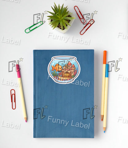 Blue notebook with a sticker of a fishbowl with a castle inside, surrounded by stationery items on a white background.