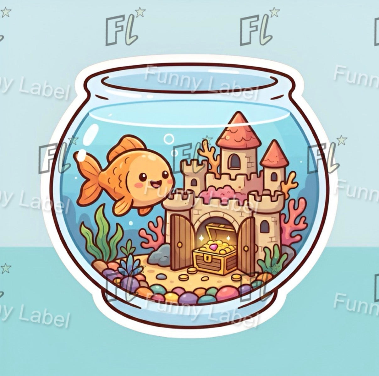 Illustration of a goldfish in a fishbowl with a sandcastle and treasure chest.