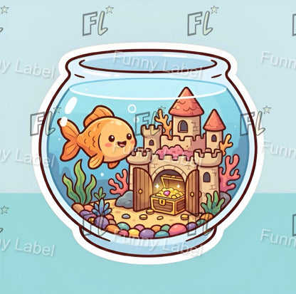 Illustration of a goldfish in a fishbowl with a sandcastle and treasure chest.