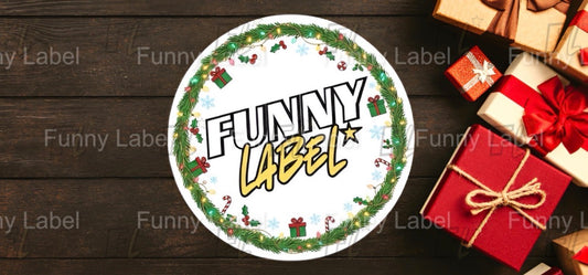 Round label with 'Funny Label' text on a wooden surface with gift boxes.