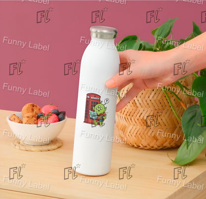 White water bottle with cartoon design held by a hand on a wooden surface with a bowl of snacks and plant.