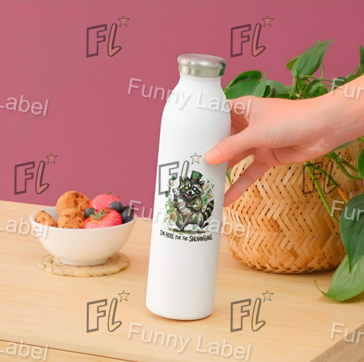 White water bottle with 'FL Funny Label' branding held by a hand on a wooden surface with food and plants.