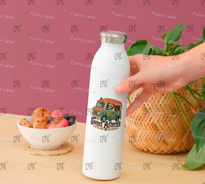 White water bottle with a colorful truck design on a pink background
