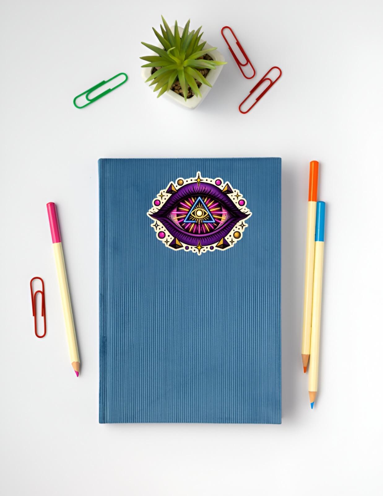 Blue notebook with a decorative eye design on a white background with stationery items.