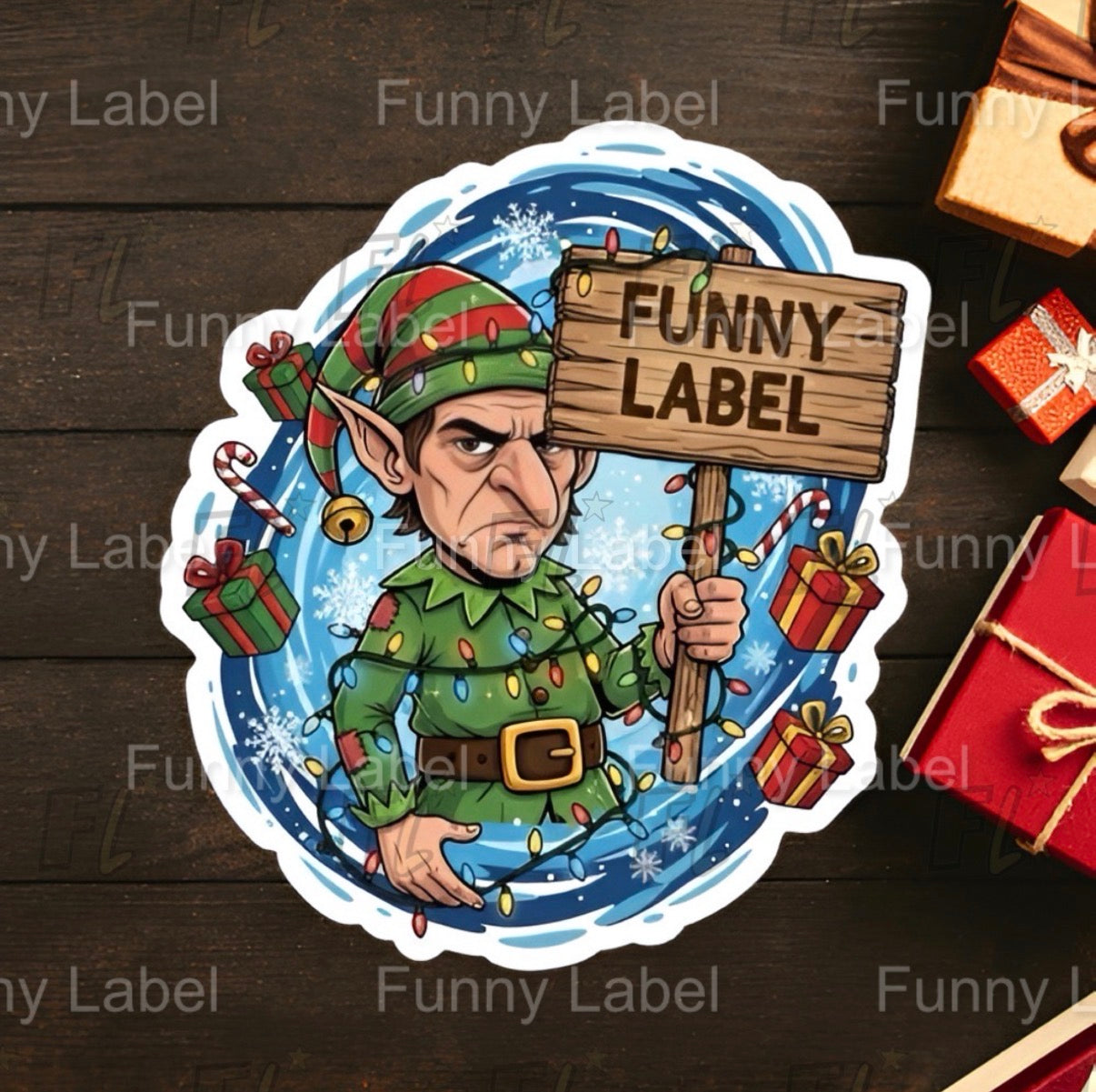Cartoon elf holding a sign with 'Funny Label' on a wooden background with Christmas decorations.
