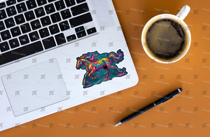 Colorful horse sticker on a laptop with a cup of coffee and pen on a brown surface