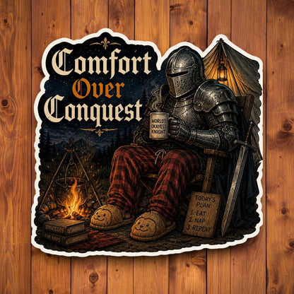 Comfort Over Conquest medieval knight sticker featuring armored knight in plaid pants relaxing by a campfire